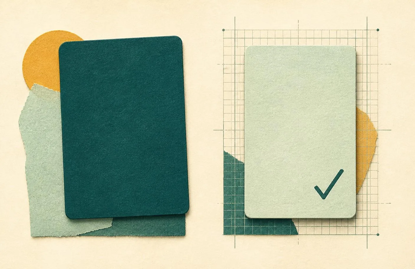 Two abstract cards side by side: one confident and unexamined, one checked against a measuring grid