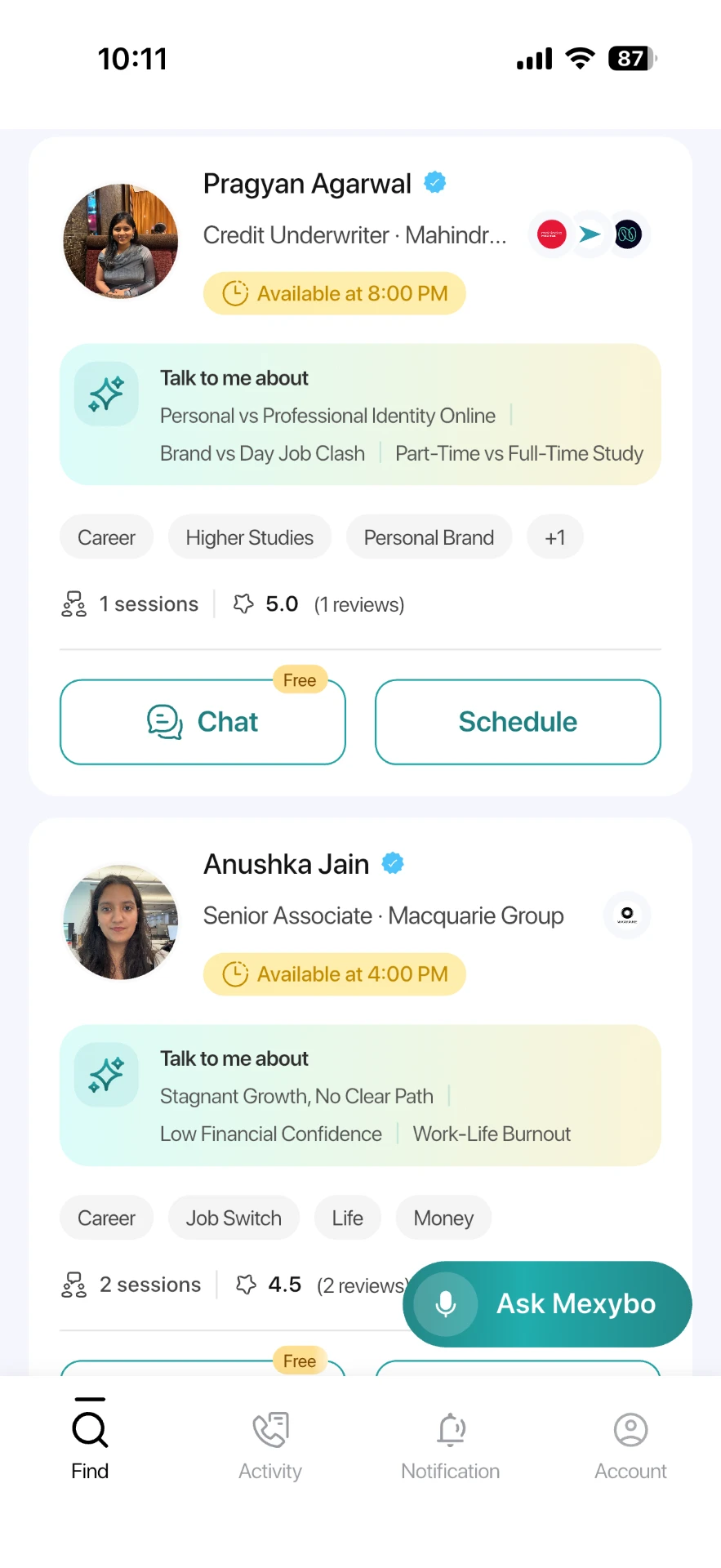 Mexybo mentor profile showing ratings and past session count