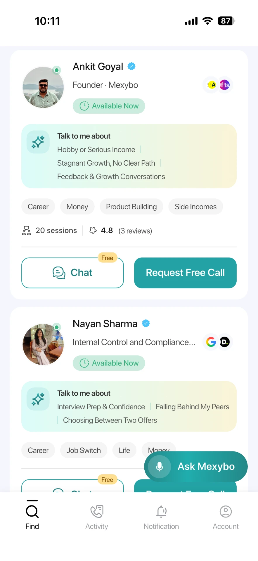 Mexybo mentor cards showing availability and conversation topics