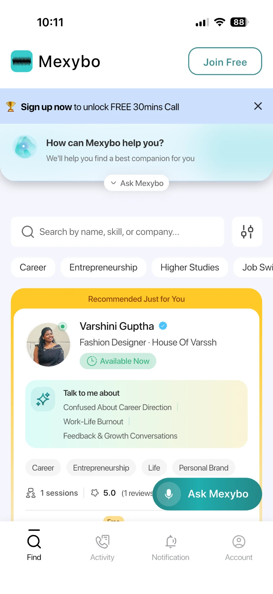 Mexybo home screen showing mentors recommended based on your situation