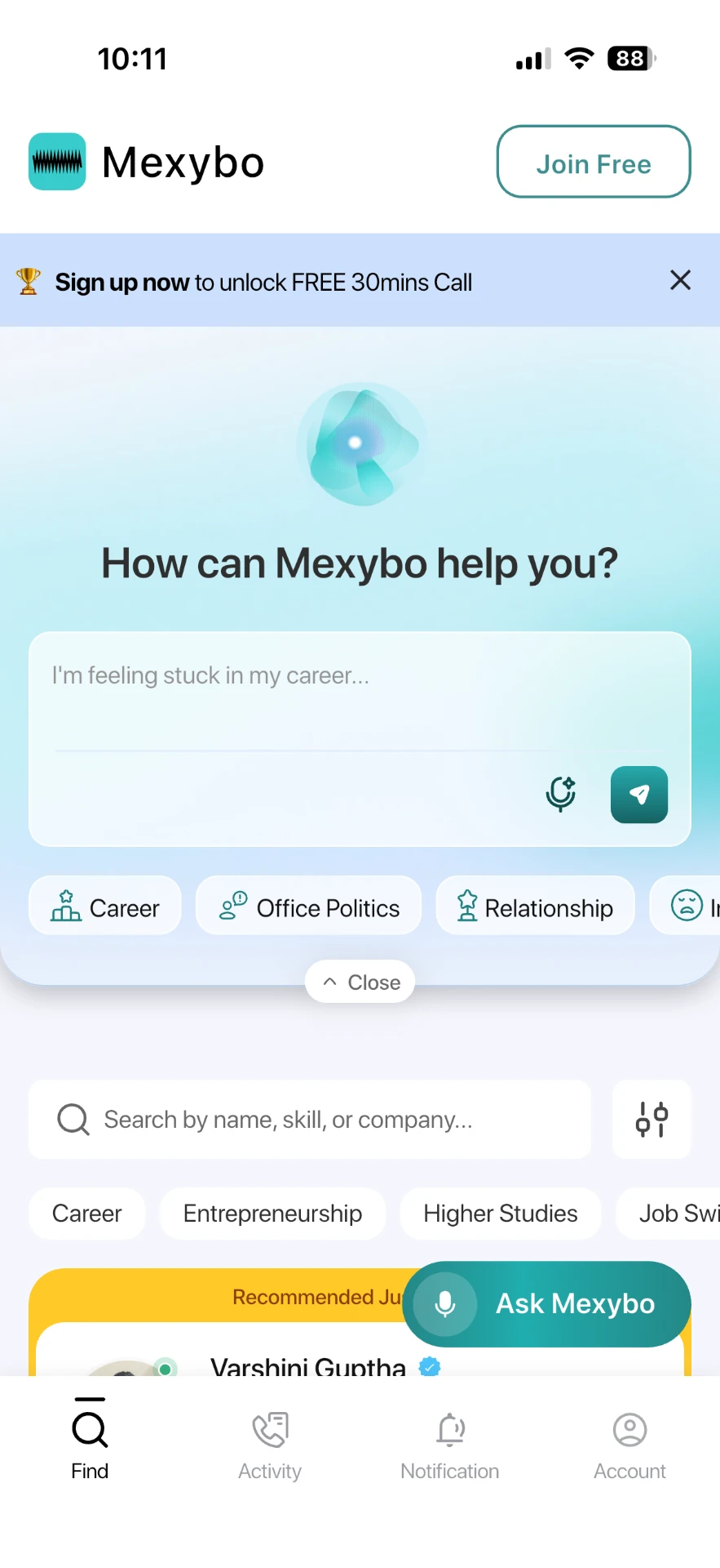 Mexybo AI chat screen asking what's on your mind with topic shortcuts