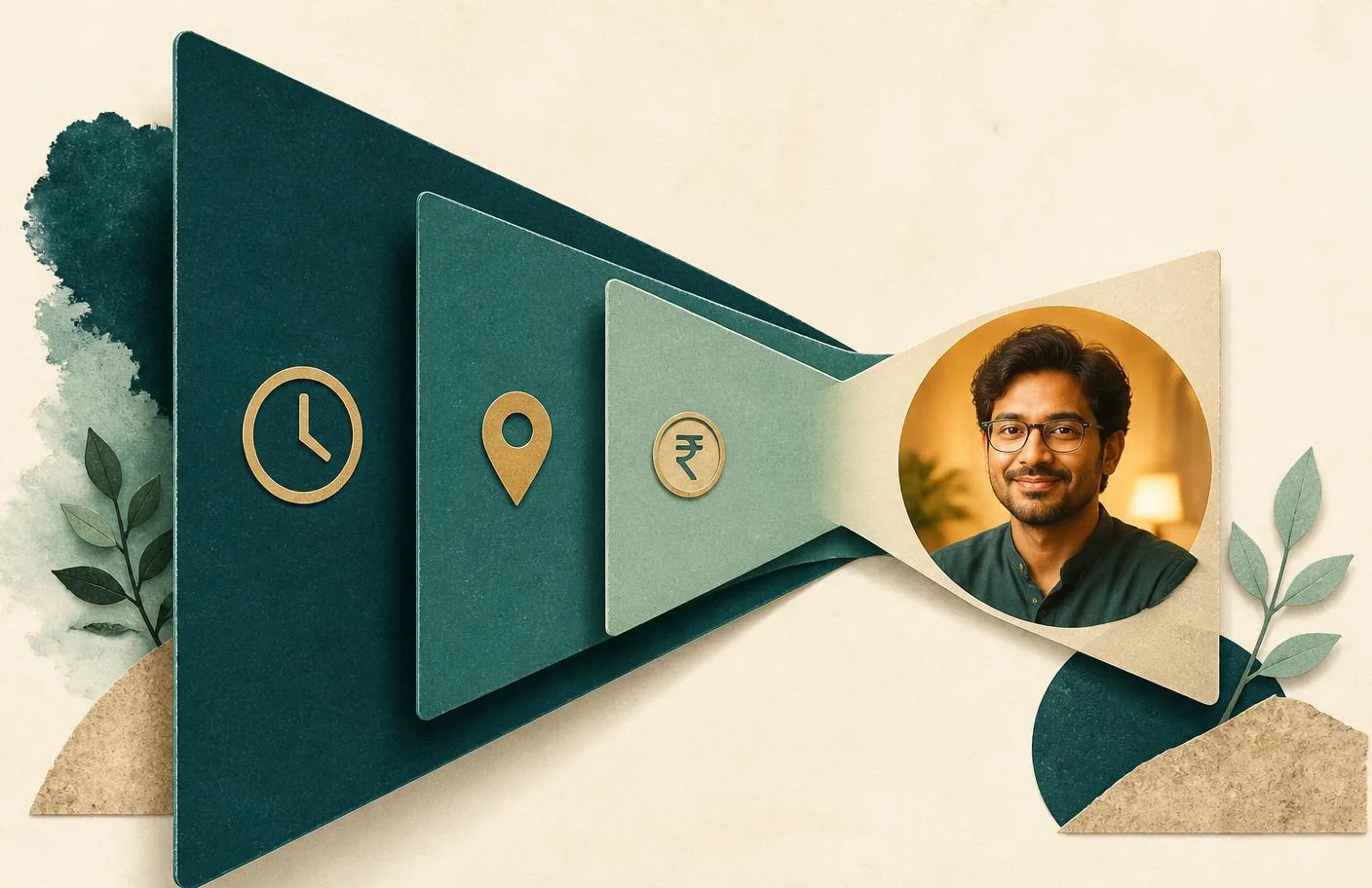 A narrowing funnel of availability, location and pricing checks ending in one mentor's portrait