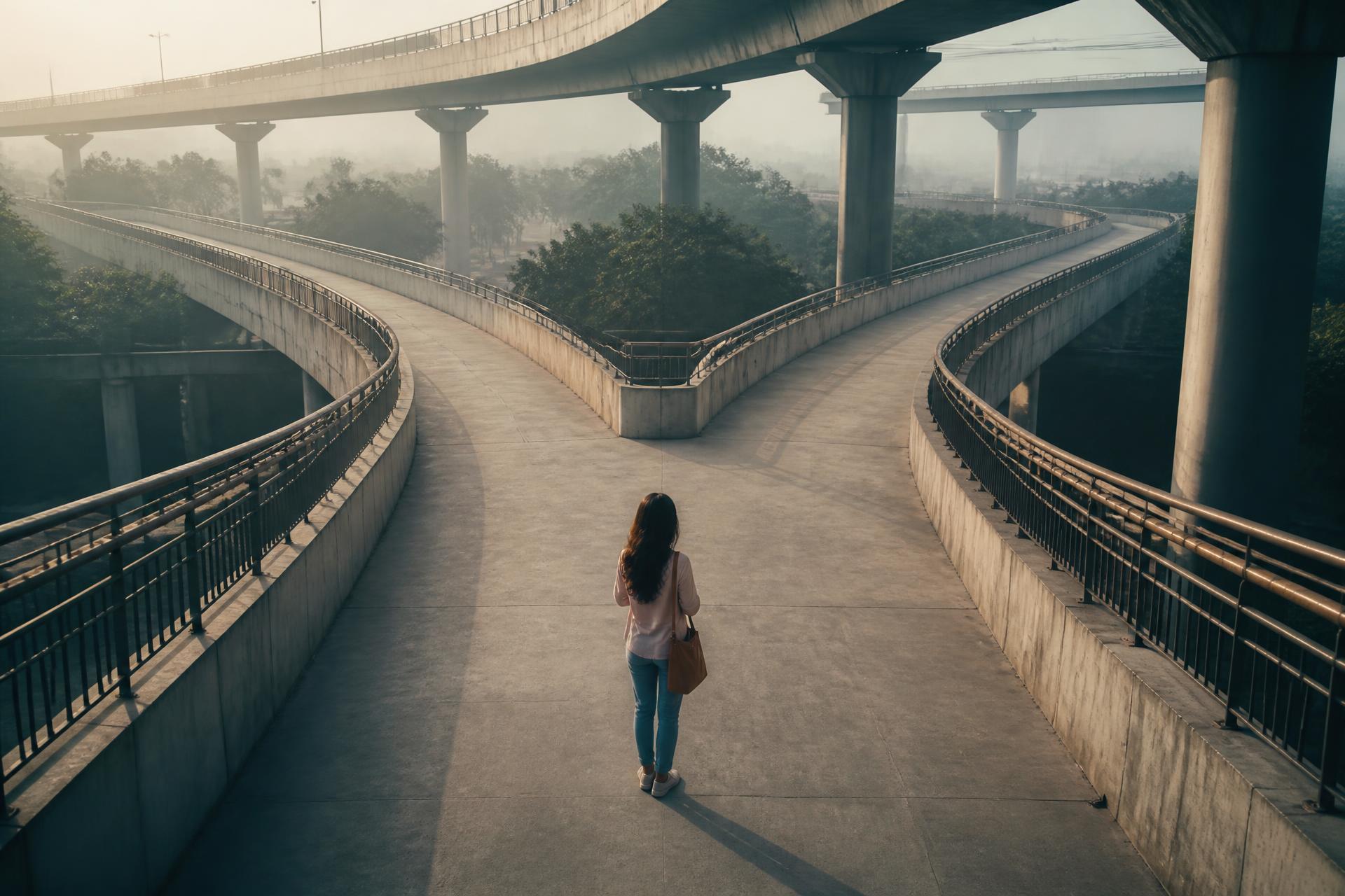 Indian professional standing where city walkways branch, representing a career decision