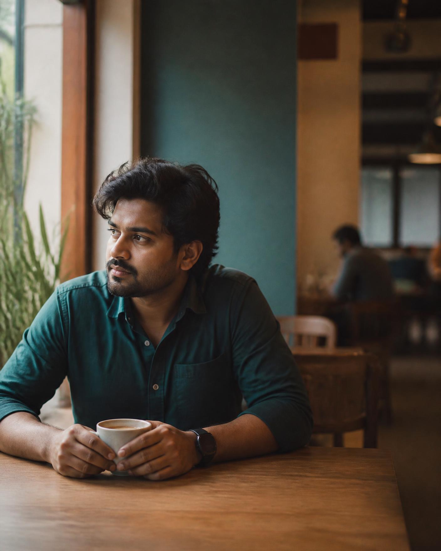 Indian working professional thinking through a career decision at a café